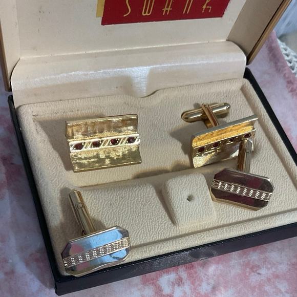 Vintage Cufflinks Swank Ruby & Gold / Solid Vintage 2 Pair - Picture 8 of 10